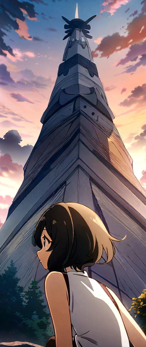 real girl sitting on a rock looking at the sky,a tower that pierces the sky very, very far, makoto shinkai cyril rolando, anime art wallpaper 4k, anime art wallpaper 4k, cyril rolando and goro fujita, anime art wallpaper 8K, 4k anime wallpaper, 4k anime wallpaper, 4k anime wallpaper, ( ( Makoto Shinkai ) ), Makoto Shinkai!