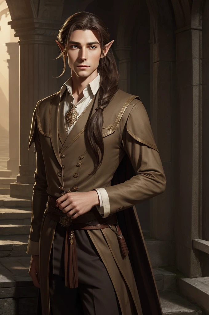 an elegant and personable half-elf, with a refined posture and delicate elven features inherited from his mother. His hair is long and brown, usually tied in a ponytail, and his eyes are a deep brown. He wears sophisticated clothes and always carries an air of mystery and knowledge. (digital art, fantasy art, RPG art)