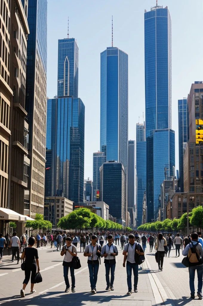 A modern bustling city with people using mobile phones and electronic devices.