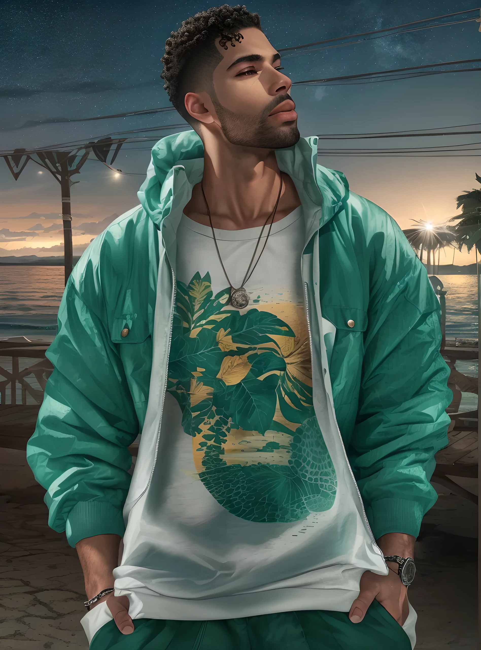 1 brazilian male, perfect detailed brown eyes, beautiful detailed eyebrows, beautiful detailed lips, short straight blue hair, dyed blue nape, Coolane Rhinestone Skeleton Pattern Cami Top With Sweatshirt Super Short, Dianhua Men's Cargo Pants Harem joggers in casual hip hop sweatshirt with multiple pockets, thin waist, thick legs, thick thighs, ultra detailed rio de janeiro beach at night, night lighting, beautiful night scenery, (best quality,4k,8k,highres,masterpiece:1.2),ultra-detailed,(realistic,photorealistic,photo-realistic:1.37), cinematic lighting, vibrant colors, highly detailed