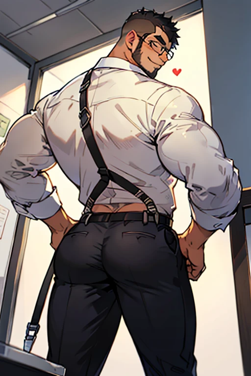 4k, masterpiece, high resolution:1.2, 1 man, solo, bara, muscular, big physique, crew cut hair, facial hair, chest, wide shoulder, biceps, thighs, triceps, butt, black hair, cute smile, friendly, standing in an office, wearing formal trousers, wearing formal stripes pattern office shirt, wearing glasses, upstairs office in the background, ultra detailed, shredded muscle, flat style (((wearing harness))) (((view from the bottom back, thick huge ass)))