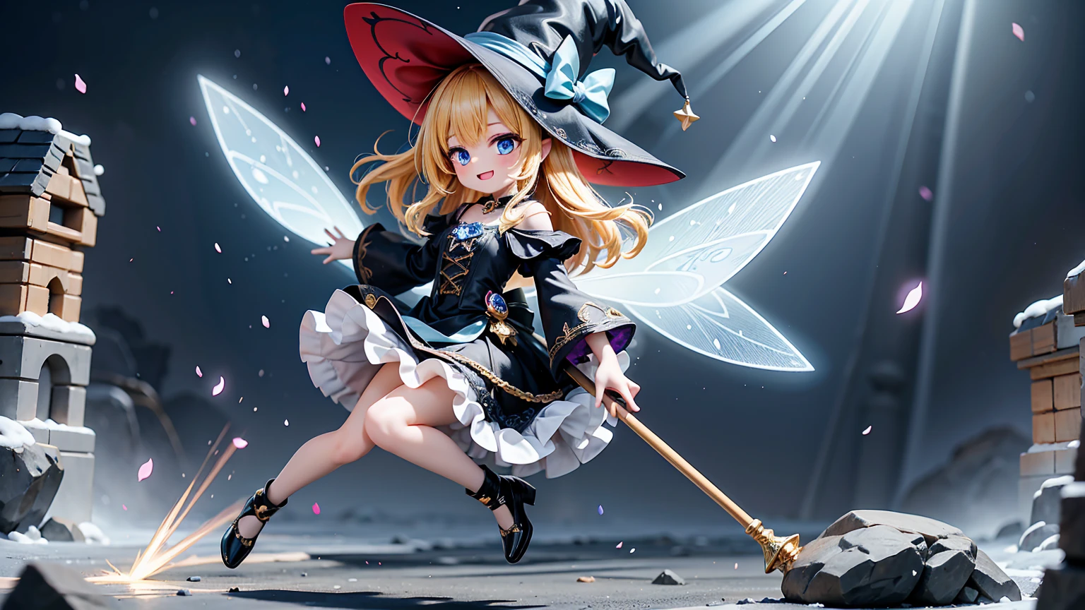 The image depicts a colorful fantasy-style artwork. In the center, there is a witch with blonde hair wearing a large hat, appearing as if she is dancing in mid-air. She is dressed in a classic witch attire, with a frilly white and black dress and black shoes. The witch is extending one hand forward, holding a magic wand in the other hand, smiling happily. In the background, blue magical light surrounds the witch, with yellow star motifs scattered around. Furthermore, on the right side, a small fairy-like character is depicted, dressed in red clothing, riding a miniature broomstick, appearing to shout about something. Overall, the image exudes a magical atmosphere filled with movement and vitality. It incorporates elements of character design found in anime and manga, appealing to fans of fantasy aesthetics.