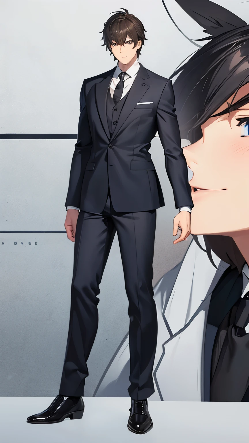 Male cartoon character wearing a suit and tie, Full body details, Zoomed out whole body, Tall anime guy with blue eyes, full body portrait, Full body close-up shot, He is wearing a suit, Short full body portrait!, Single character full body, The whole body is photographed from behind in the center, Single character