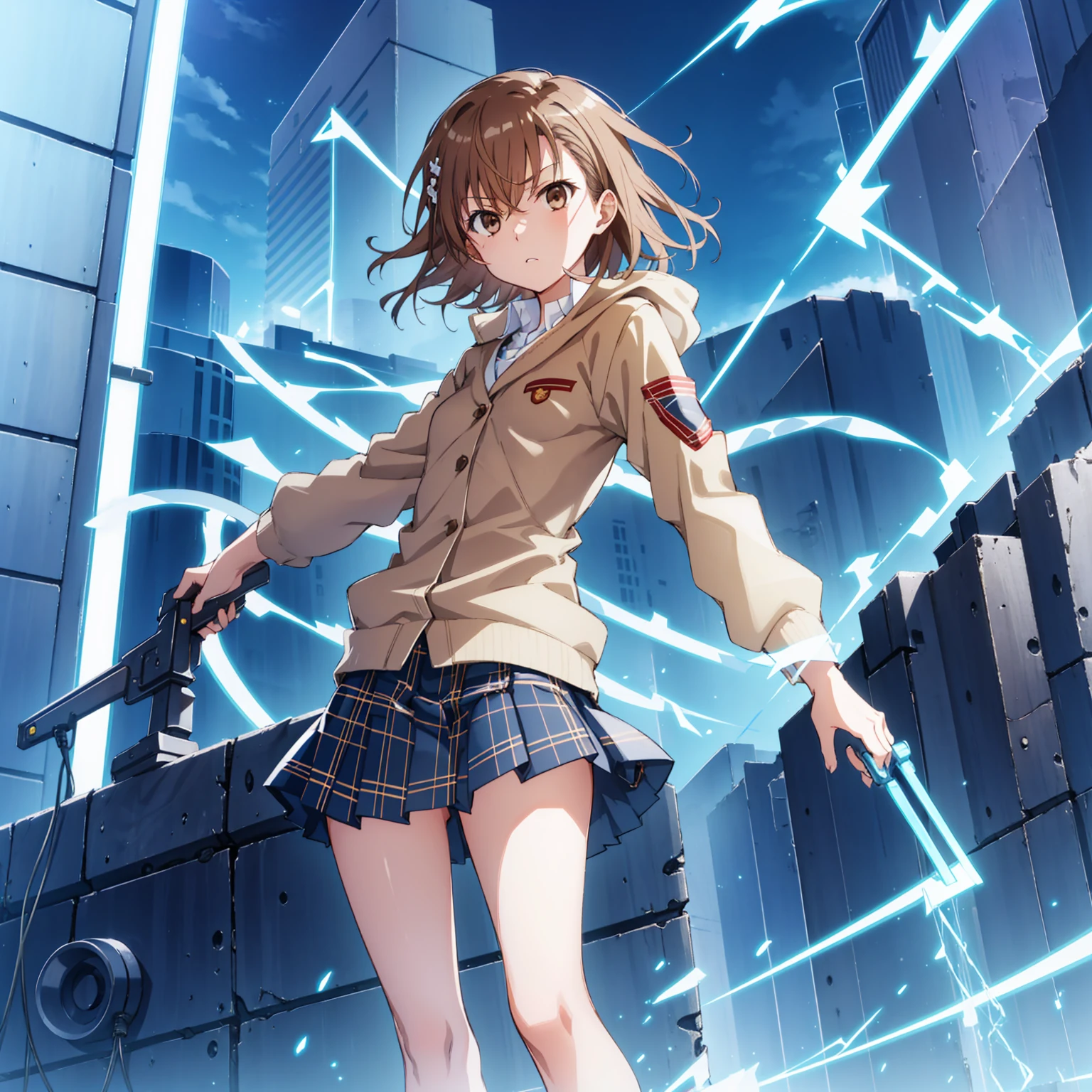 looking at viewer, 1 girl, Solo, misaka mikoto, Best quality, brown hair, brown eyes, perfect hair, detailed eyes, , small breasts, flat chest, big thighs, simple red bow on the neck, simple khaki jacket, simple jacket, buttoned jacket, jacket , pure khaki color jacket, White shirt, blue plaid skirt with criss-cross lines in black and tan, pleated skirt with black pleats and school style, Skyscrapers, Electric, Lightning, Futuristic, Technological, Power, Magnetic, High-tech, Railgun, Energy, Electromaster, Vibrant, Energetic, Dynamic, Action-packed, Thrilling, Rooftop, Power lines, Sparkling, Electrical arcs, Adventure, Streetlights, Charging, Pulsating, Pulse beams, Striking, Blue hues, Fast-paced, Skyline, Energy bolts, Neon lights, Urban sprawl, Overpass, Techno-wizardry, Unforgettable, electric powers, electric power around the girl, blue electricity, electric aura 40 11 2skip Yaki dofu