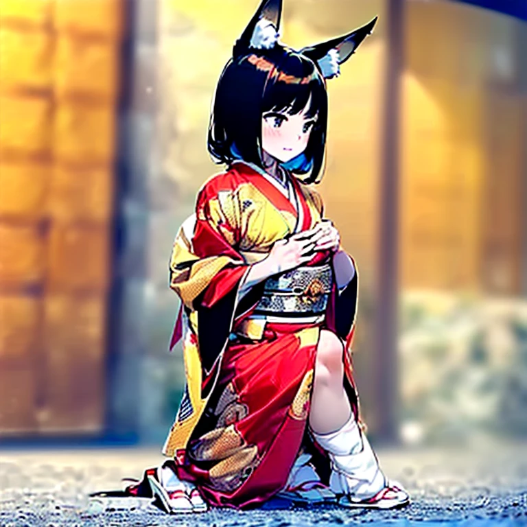 (Fox Girl, Fox Ears, Black colored hair, Fox Makeup, One Girl, Long Hair:1.6), (kimono, Kimono with open chest, A beautiful kimono with red and black patterns, I can see her cleavage, Open chest, Exposed skin:1.8), (Body measurements are 75-60-75!, Young girl body, Small breasts, Small breasts, Emphasize the chest, Knees are slightly visible, Muscular, Abdominal muscles, Hide your own chest with your hands:1.9), Avatar, face, lewd face, Dominant representation, naughty face, Uplifting, Skin Texture, outside, Grassy field