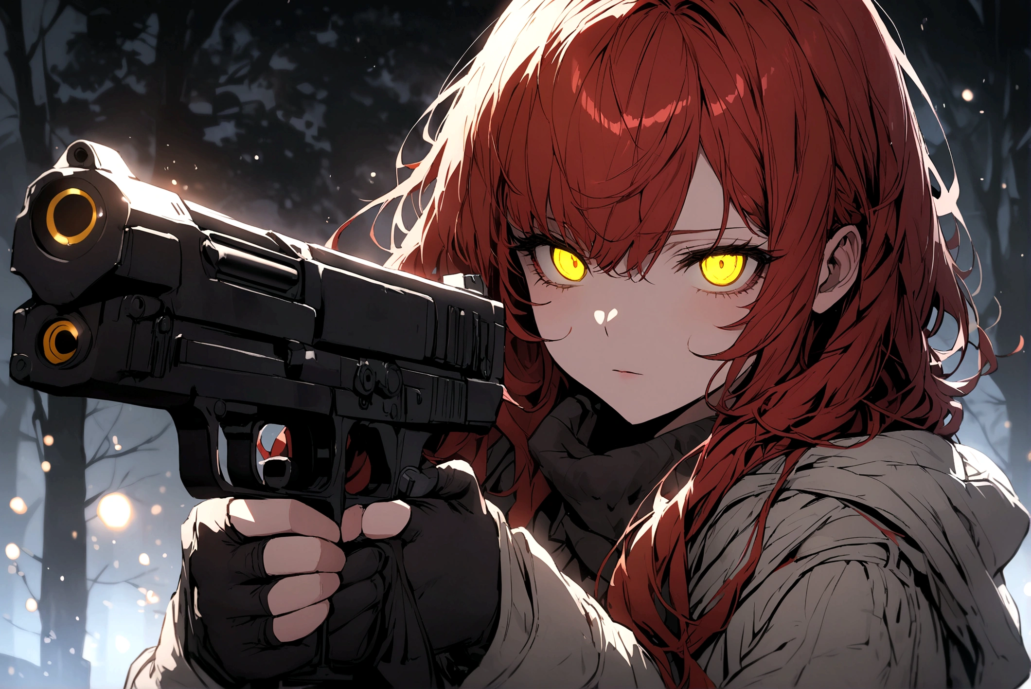 Red-haired girl, Yellow eyes, cold and dead eyes, holding a gun