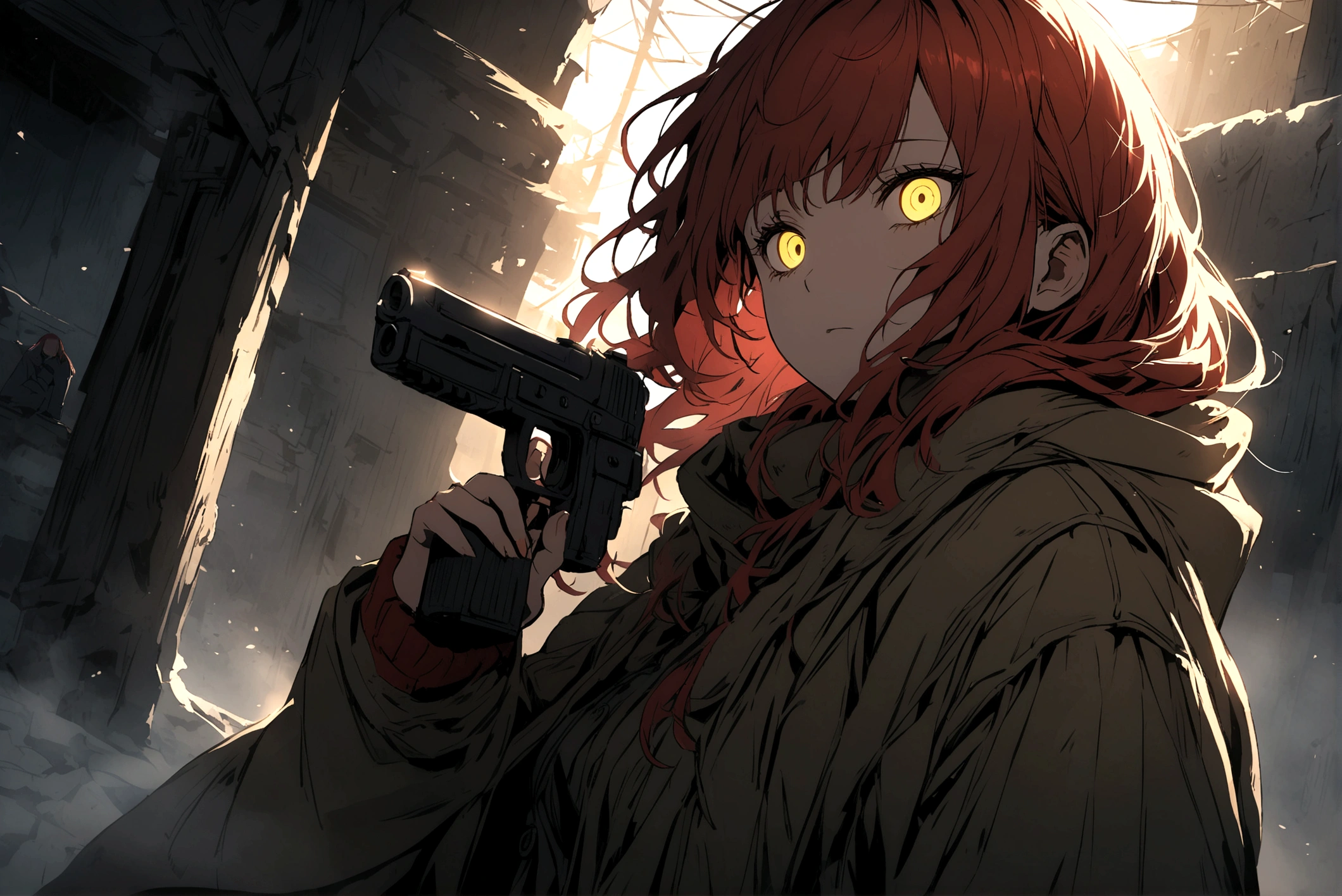 Red-haired girl, Yellow eyes, cold and dead eyes, holding a gun