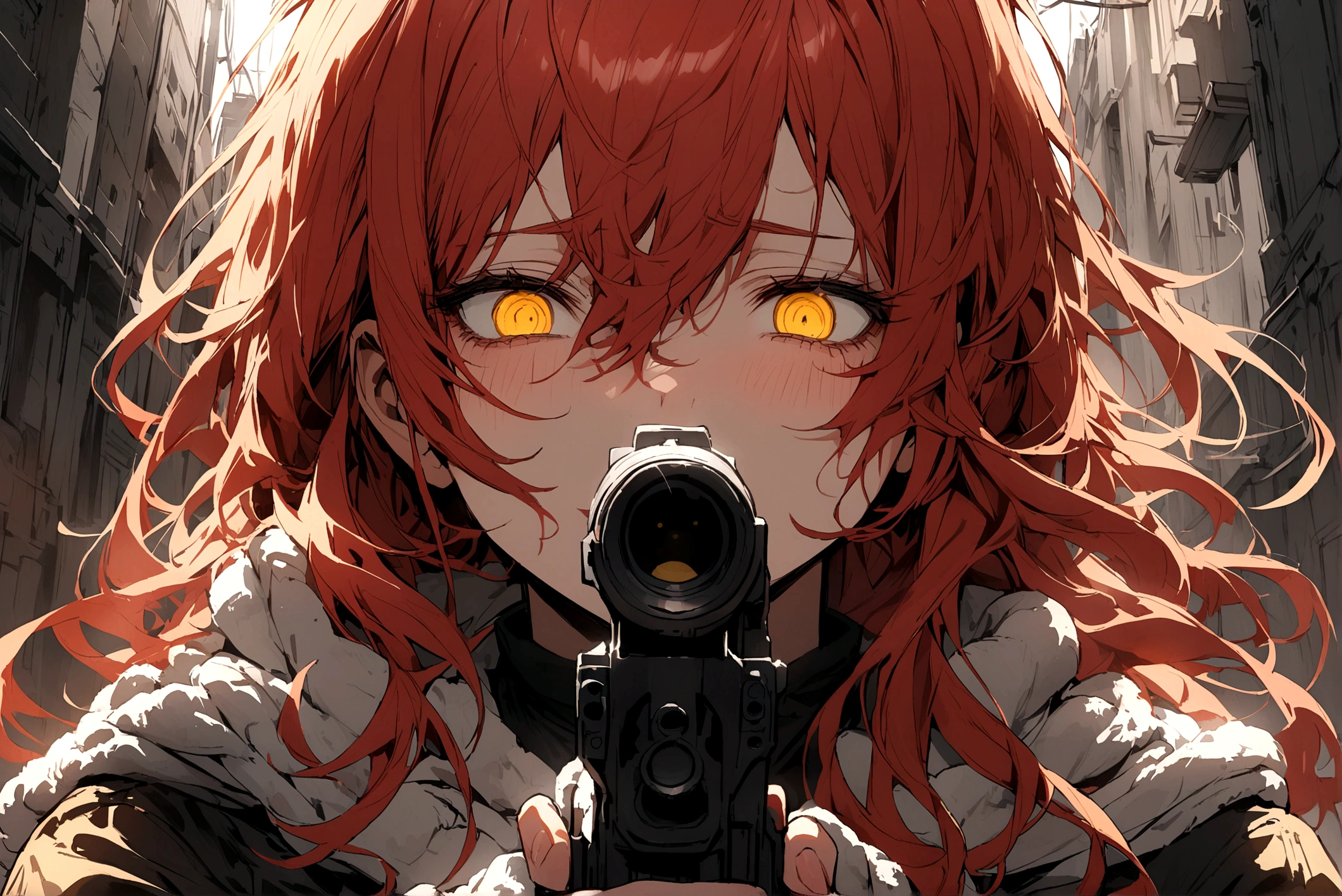 Red-haired girl, Yellow eyes, cold and dead eyes, holding a gun