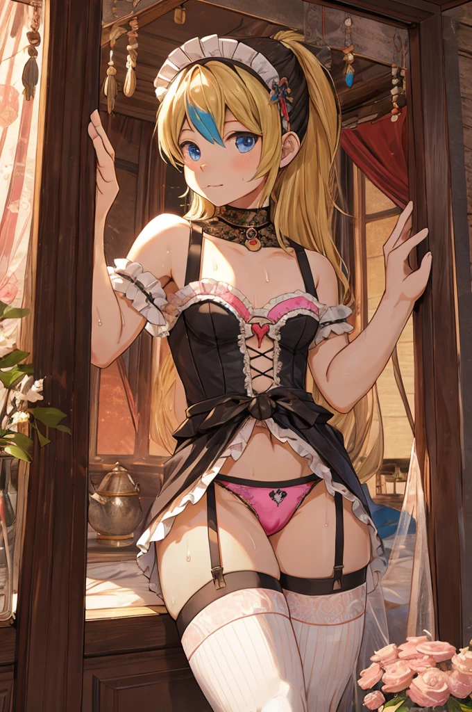 Highest quality、Inteleon male in sexy revealing micro underwear、Sweat、Embarrassing、Gay、Bedroom Background、Crotch close-up、cute、Knee-high socks、Heart symbol、White Breath、Obscene pose、Pink steam、、A man wearing small panties、strip、Large bulging crotch、garter belt、Veil、Belly button style maid outfit、Pink Condom Tent、White panties、Tea set