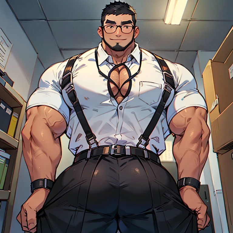 4k, masterpiece, high resolution:1.2, 1 man, solo, bara, muscular, big physique, crew cut hair, facial hair, chest, wide shoulder, biceps, thighs, triceps, butt, black hair, cute smile, friendly, standing in an office, wearing formal trousers, wearing formal stripes pattern office shirt, wearing glasses, upstairs office in the background, ultra detailed, shredded muscle, flat style (((wearing harness))) (((view from the bottom back, thick huge ass)))