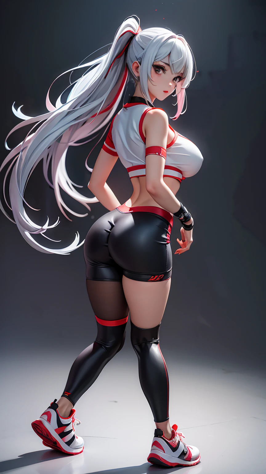 One girl, short t-shirt, leggings, nike sneakers, big ass, perfect breast, slim, cute, sexy, very detailed, exquisite lighting and composition, , 8k, sharp, highly detailed, high resolution, looking back