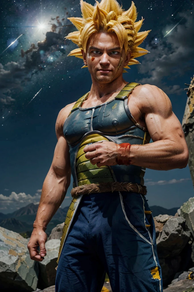 bardock, blue eyes, yellow hair,super sayan, spiky hair, headband, saiyan armor, pants, looking at viewer, serious, tired, grin, close up, 
space and stars background, arm raised, pointing at viewer, covered in blood, blood on face,  extreme detail, masterpiece,  