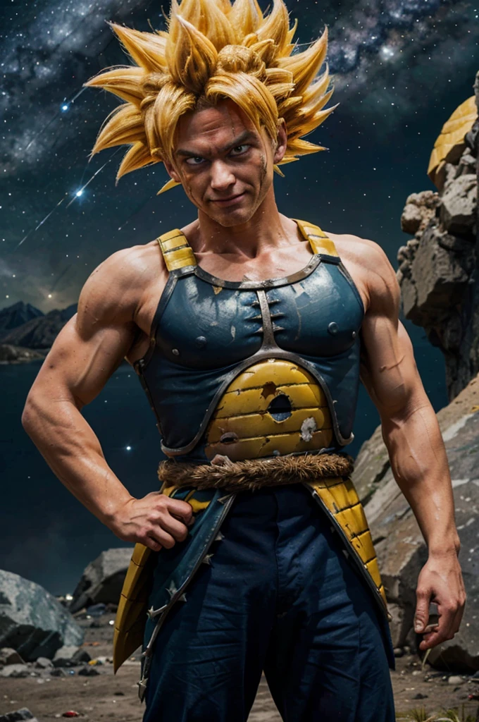 bardock, blue eyes, yellow hair,super sayan, spiky hair, headband, saiyan armor, pants, looking at viewer, serious, tired, grin, close up, 
space and stars background, arm raised, pointing at viewer, covered in blood, blood on face,  extreme detail, masterpiece,  