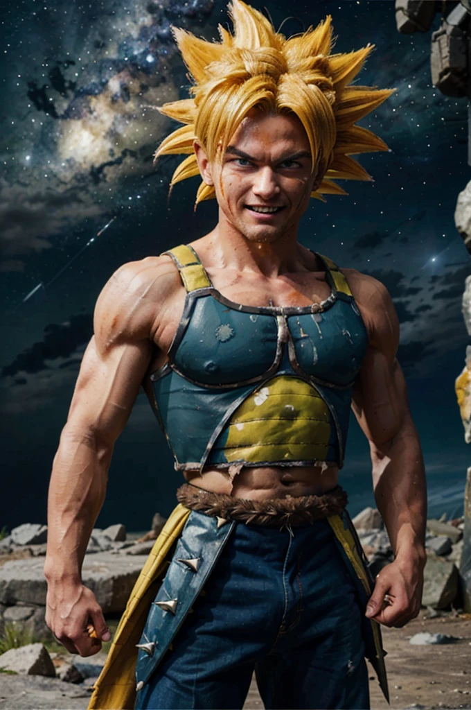 bardock, blue eyes, yellow hair,super sayan, spiky hair, headband, saiyan armor, pants, looking at viewer, serious, tired, grin, close up, 
space and stars background, arm raised, pointing at viewer, covered in blood, blood on face,  extreme detail, masterpiece,  