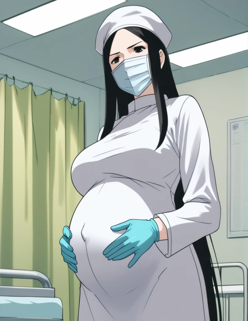 score_9,  score_8_up, score_7_up, source_anime, kasuganoray, pale skin, shy eyes, long hair, scrubs, surgical mask, surgical cap, Long sleeve maternity dress, seamless, no seams,
1girl, pregnant, big breasts, solo, rubber gloves, looking down, furrowed brow, hospital bed, standing