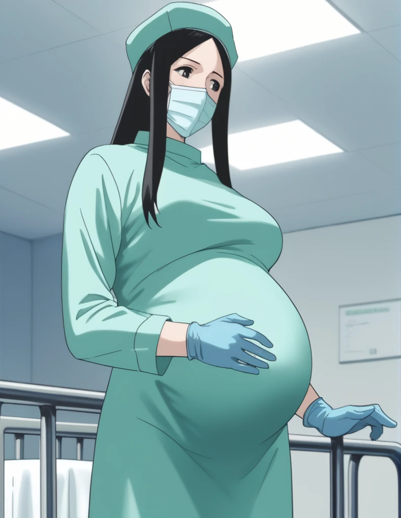 score_9, score_8_up, score_7_up, source_anime, kasuganoray, pale skin, shy eyes, long hair, scrubs, surgical mask, surgical cap, Long sleeve maternity dress, seamless, no seams,
1girl, pregnant, big breasts, solo, rubber gloves, looking down, furrowed brow, hospital bed, standing