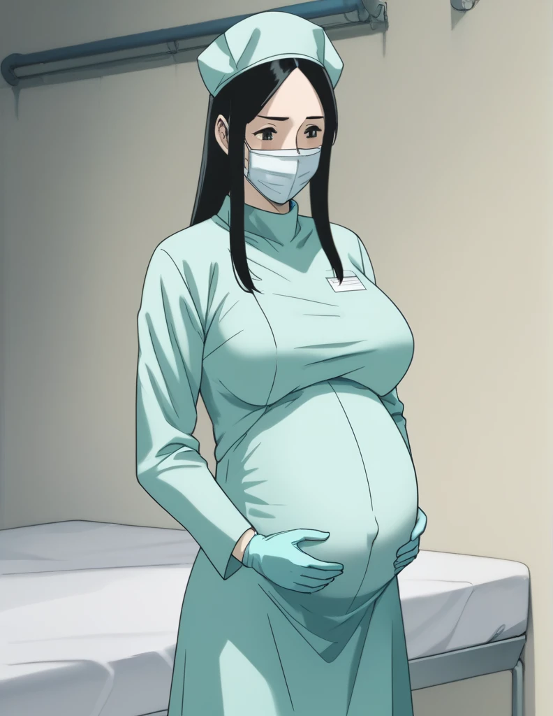 score_9, score_8_up, score_7_up, source_anime, kasuganoray, pale skin, shy eyes, long hair, scrubs, surgical mask, surgical cap, Long sleeve maternity dress, seamless, no seams,
1girl, pregnant, big breasts, solo, rubber gloves, looking down, furrowed brow, hospital bed, standing