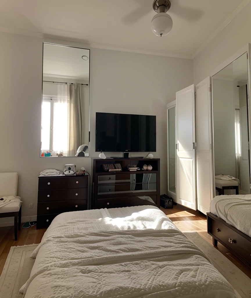 a room with a glass window a big soft black bed with a teddy bear,un closet ,a white dresser and a television and a large mirror