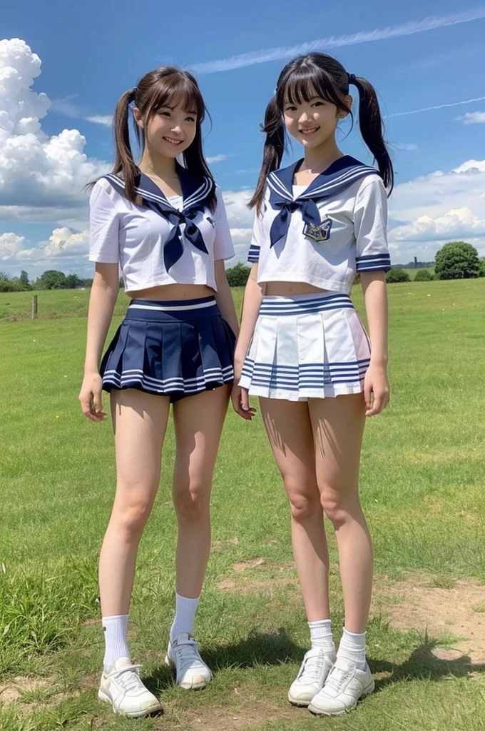 2 girls standing in rural station,freight long train,cumulonimbus cloud in summer blue sky,white sailor shirt with red bow tie,white panties with navy blue frills,18-year-old,bangs,a little smile,thighs,knees,short hair with low pigtails bunches,from below,front light