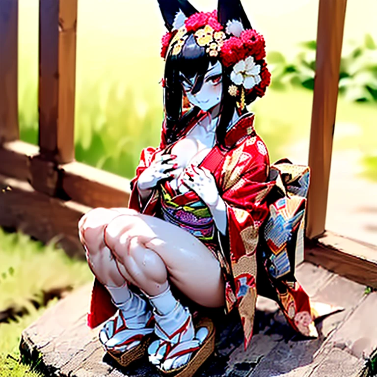 (Fox Girl, Fox Ears, Black colored hair, Fox Makeup, One Girl, Long Hair:1.6), (kimono, Kimono with open chest, A beautiful kimono with red and black patterns, I can see her cleavage, Open chest, Exposed skin:1.8), (Body measurements are 75-60-75!, Young girl body, Small breasts, Small breasts, Emphasize the chest, Knees are slightly visible, Muscular, Abdominal muscles, Hide your own chest with your hands:1.9), Avatar, face, lewd face, Dominant representation, naughty face, Uplifting, Skin Texture, outside, Grassy field