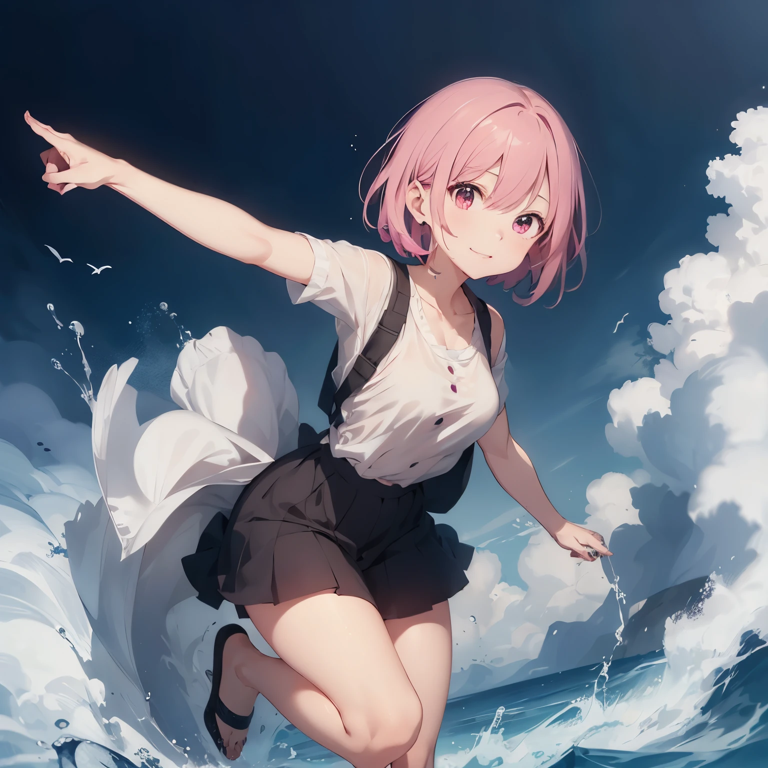 ((Highest quality)), ((masterpiece)), (detailed), Pink Hair, One Girl, Short Hair, Dynamic pose, Reaching out



