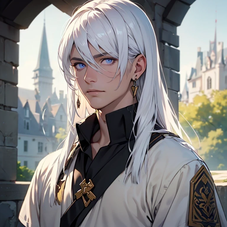 (Masterpiece), best quality, highest quality, highly detailed, original, high resolution CG Unit 8k wallpaper, (depth of field: 1.5), fidelity: 1.3, (best quality, artwork, masterpiece, 4k), solo, male, full body, pale white skin, white hair, long hair, straight hair, handsome man, detailed background of a castle, beautiful eyes, violet eyes, masterpiece, age 18, earrings, wearing realistic medieval clothing, detailed face, serene expression