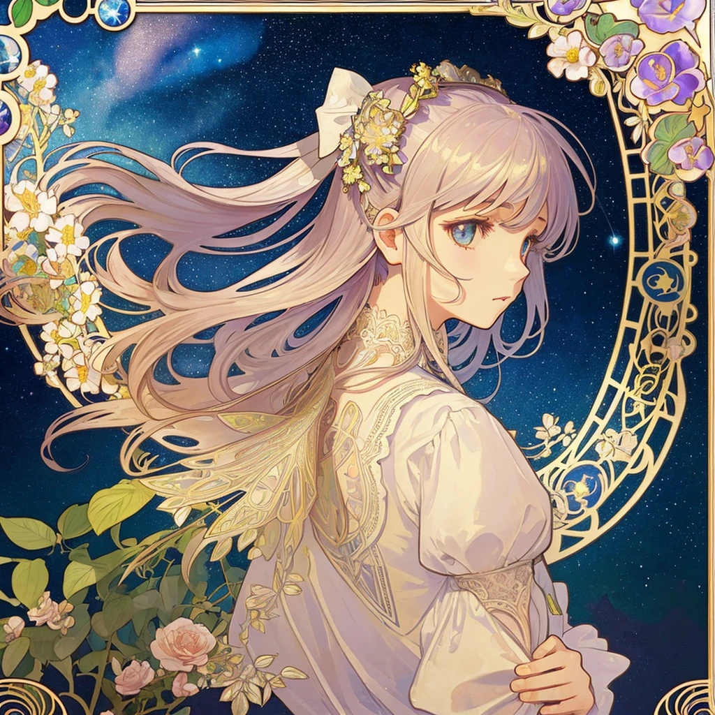 (((1 girl ))), masterpiece, highest quality, beautifully、aesthetic: 1.2, gem, Quality lace, Detailed frame, Flowers, leaf, A beautiful girl fits into the frame, (Alphonse Mucha Style), (beautiful starry sky background), light colorful hair, dreamy, looking back, wearing Gothic Lolita