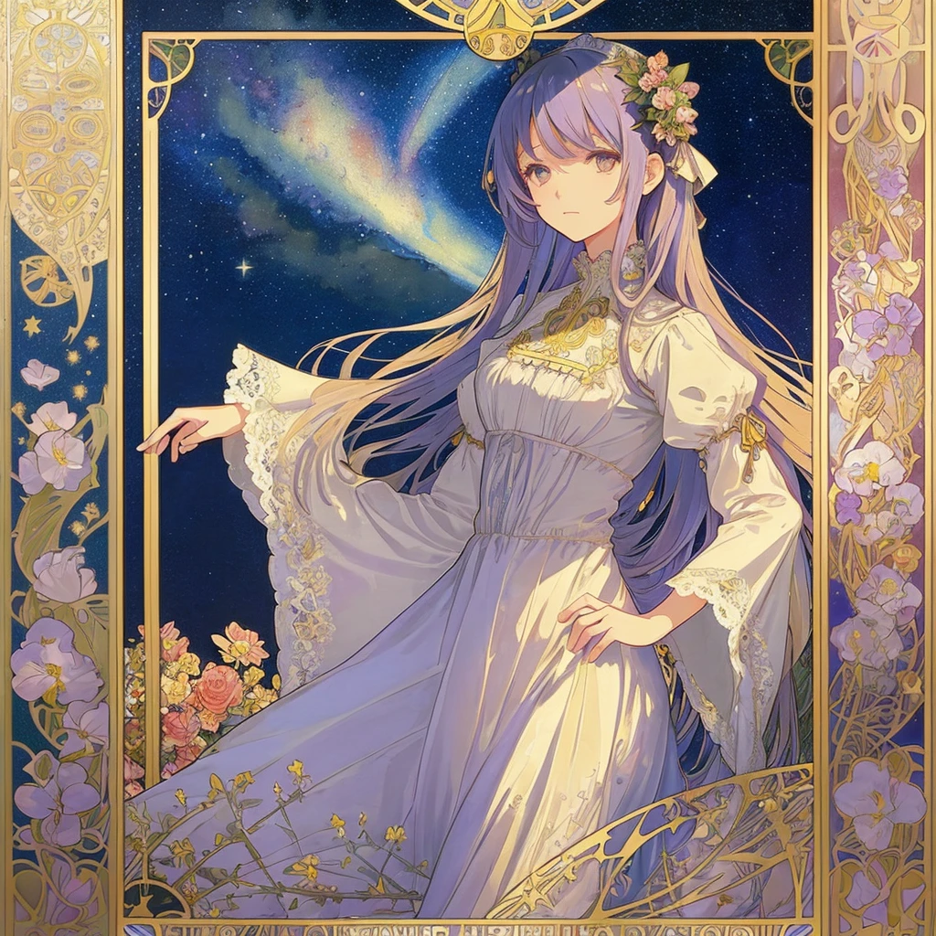 (((1 girl ))), masterpiece, highest quality, beautifully、aesthetic: 1.2, gem, Quality lace, Detailed frame, Flowers, leaf, A beautiful girl fits into the frame, (Alphonse Mucha Style), (beautiful starry sky background), light colorful hair, dreamy, looking back, wearing Gothic Lolita