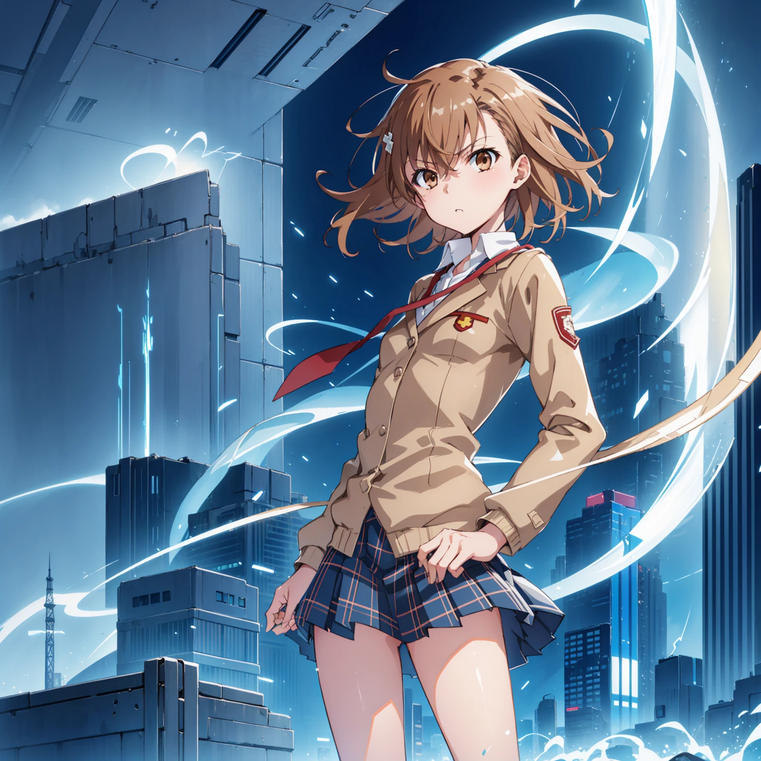 looking at viewer, 1 girl, Solo, misaka mikoto, Best quality, brown hair, brown eyes, perfect hair, detailed eyes, , small breasts, flat chest, big thighs, simple red bow on the neck, simple khaki jacket, simple jacket, buttoned jacket, jacket , pure khaki color jacket, White shirt, blue plaid skirt with criss-cross lines in black and tan, pleated skirt with black pleats and school style, Skyscrapers, Electric, Lightning, Futuristic, Technological, Power, Magnetic, High-tech, Railgun, Energy, Electromaster, Vibrant, Energetic, Dynamic, Action-packed, Thrilling, Rooftop, Power lines, Sparkling, Electrical arcs, Adventure, Streetlights, Charging, Pulsating, Pulse beams, Striking, Blue hues, Fast-paced, Skyline, Energy bolts, Neon lights, Urban sprawl, Overpass, Techno-wizardry, Unforgettable, electric powers, electric power around the girl, blue electricity, electric aura 40 11 2skip Yaki dofu