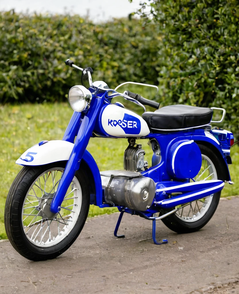 Kroser motorbike, blue and white random coloured, number 5 symbol, full size, Kroser motor