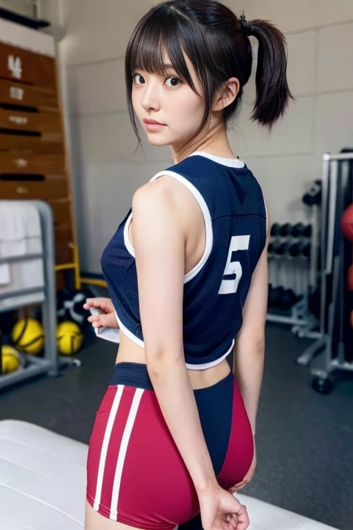 1 girl,Japanese,25 yo,(Slender body:1.2),(athlete:1.2),Black short twintail hair with blunt bangs, BREAK ((track & field competition uniform)), BREAK, masterpiece, best quality, ultra quality, high quality, realistic, photo realistic, RAW photo, hyper detailed, intricate detail,(gym storeroom:1.3),cinematic lighting,(teary eyes),(blushing:1.3),beauty,girl,photorealistic,(standing),(small breasts), (arms behind back), (bound), from behind, looking at viewer,