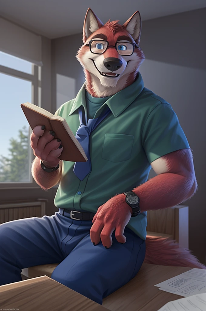 Ivan Fedorovich Wolfbach (Novosibirsk) ,tall handsome, wolf,young, 24 years, brown fur,Kind,(red body:1.3),beautiful blue eyes,Novosibirsk,dressed,green shirt, red tie, blue trousers, , wolf, detailed fur, male,paw pads, finger claws,At the viewer, 5 fingers, paws, 5 fingers, smile, wrist watch, т nextel,by xenoforge, (difficult, high detail, digital photography, soft focus, RAW variety вкдущий передачи,Very close to the camera, variety,Novosibirsk, smile, good mood, positive, Very close to the camera, is sitting, poet of books, is sitting за компьютером столом, apartment, holding a pen, smile laughter,
Photorealism, realistic, digital style, Subsurface scattering,I look at the viewer,smdit writes a book, a glass of water, handle, paper,glasses,
masterpiece, Best quality, ultra realistic, 8 thousand.)