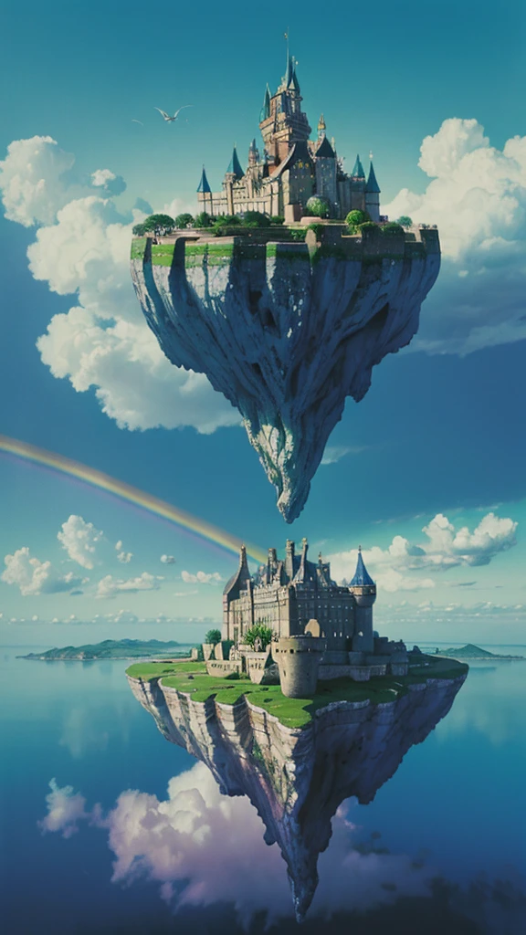 Castle in the clouds floating in the sky in surrealism painting style, ethereal sky with rainbow color palette, majestic architecture, grand and glowing, dreamy atmosphere, otherworldly beauty, expansive view, deep perspective, kingdom above the sky, Salvador Dali style, surrealistic painting, floating Island