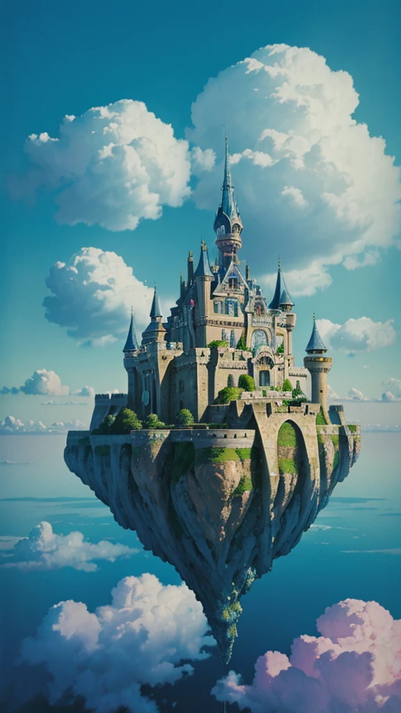 Castle in the clouds floating in the sky in surrealism painting style, ethereal sky with rainbow color palette, majestic architecture, grand and glowing, dreamy atmosphere, otherworldly beauty, expansive view, deep perspective, kingdom above the sky, Salvador Dali style, surrealistic painting, floating Island