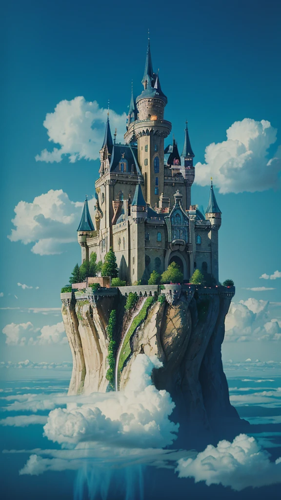 Castle in the clouds floating in the sky in surrealism painting style, ethereal sky with rainbow color palette, majestic architecture, grand and glowing, dreamy atmosphere, otherworldly beauty, expansive view, deep perspective, kingdom above the sky, Salvador Dali style, surrealistic painting, floating Island