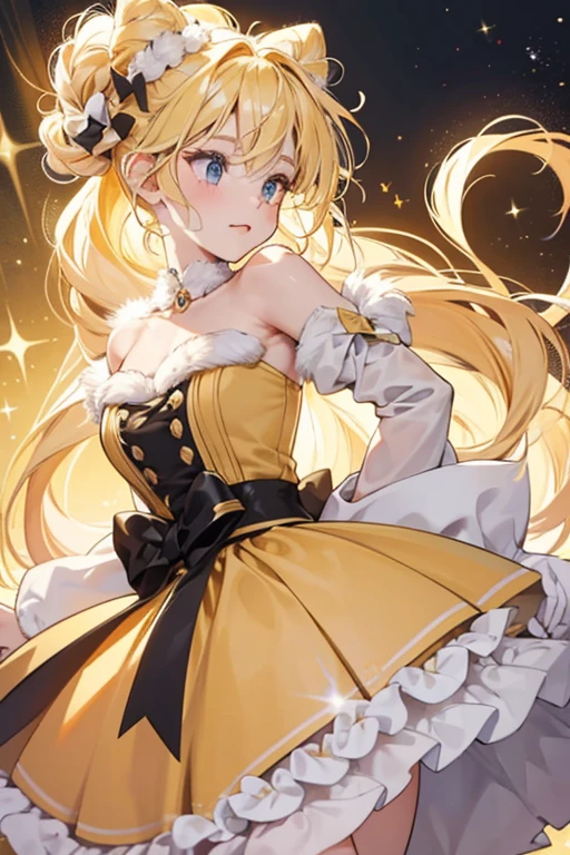 She has light peachy yellow fur, and wears a black bow. She has blonde hair and has two twisted buns. She also has a small tuft of hair that is coming out the front of her bow. She has a white patch of circular fur , which is also on her nose. SPARKLE; GLITTER