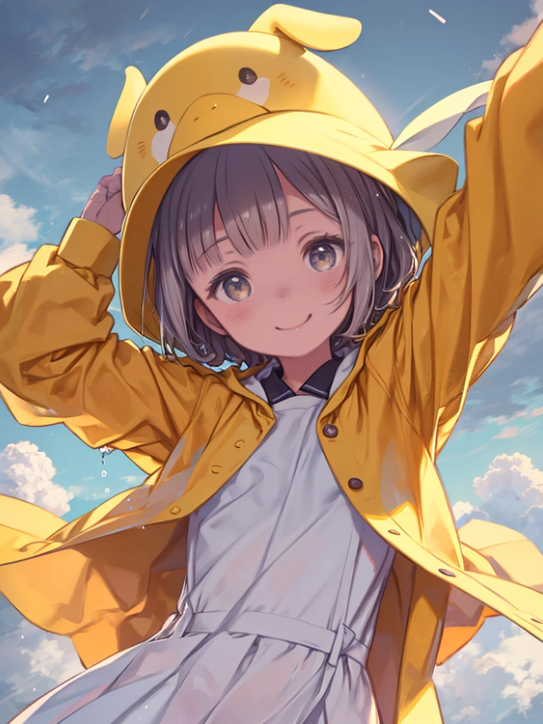 One Girl、after the rain、Wearing a long yellow raincoat、Smiling、Open your arms、Leaning body、Angle from below、The light is shining through the clouds、Spinning Girl、Upper Body、Water droplets fall、