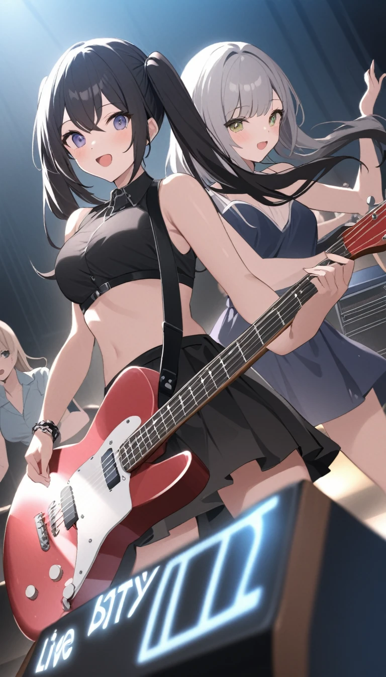 Girl rock band duo、Two Girls、Electric guitar、base、Black hair twin tails、レボリューションイエローの福岡ソフトバンクホークスのbaseボールキャップを被っている。レボリューションイエローの福岡ソフトバンクホークスのbaseボールシャツ、sing、play、rhythm、beat、dance、dance、refreshing、Speed、live house、illumination、