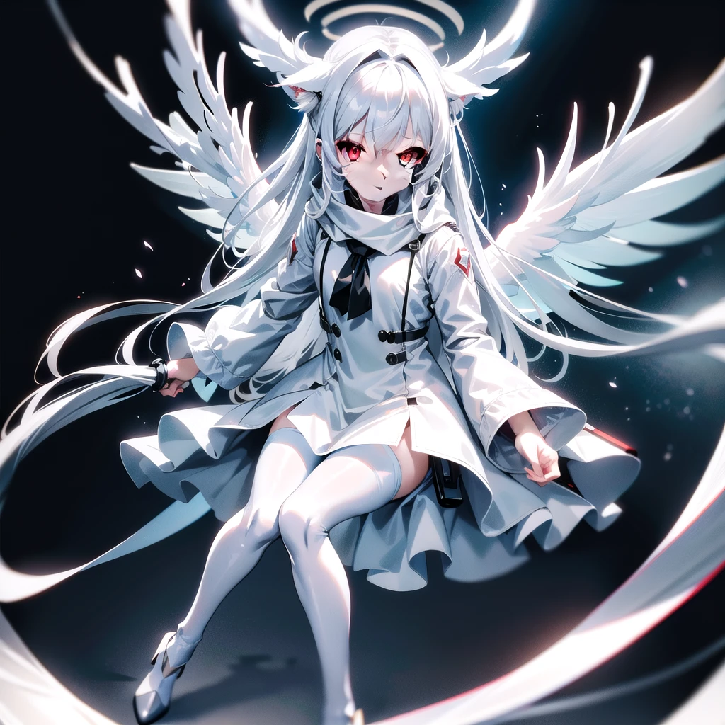 masterpiece, highest quality, highest resolution, clear_image, detailed details, White hair, long hair, cat ears, 1 girl, red eyes, white pantyhose, sci-fi military clothing, white scarf (white scarf around the neckwith a light blue glow), gray futuristic halo (gray halo over the head), white wings (4 wings), cute, no water marks, outer space