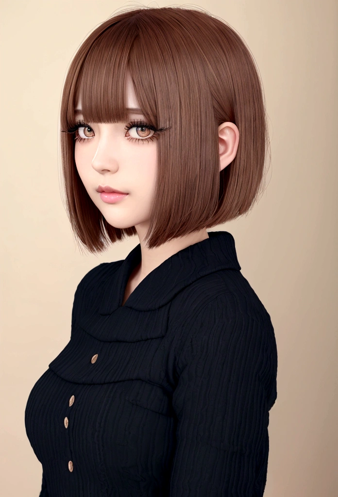 imahealerbutmeme, pamyurin, 1girl, fake eyelashes, long eyelashes, blush, bob cut, brown hair, colored eyes, realistic, pistol