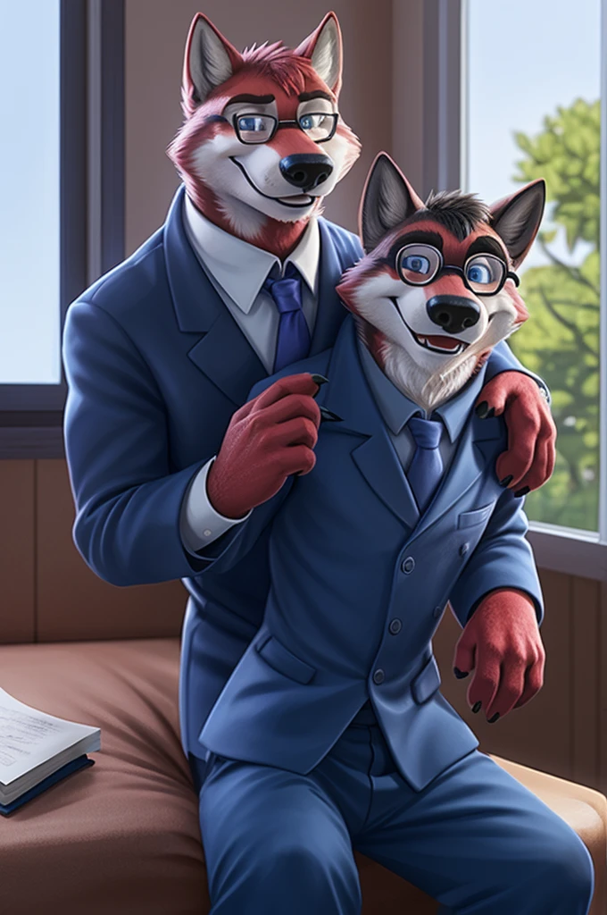 Ivan Fedorovich Wolfbach (Novosibirsk) ,tall handsome, wolf,young, 24 years, brown fur,Kind,(red body:1.3),beautiful blue eyes,Novosibirsk,dressed,green shirt, red tie, blue trousers, , wolf, detailed fur, male,paw pads, finger claws,At the viewer, 5 fingers, paws, 5 fingers, smile, wrist watch, т nextel,by xenoforge, (difficult, high detail, digital photography, soft focus, RAW variety вкдущий передачи,Very close to the camera, variety,Novosibirsk, smile, good mood, positive, Very close to the camera, is sitting, poet of books, is sitting за компьютером столом, apartment, holding a pen, smile laughter, 
Photorealism, realistic, digital style, Subsurface scattering,I look at the viewer,smdit writes a book, a glass of water, handle, paper,glasses, 
masterpiece, Best quality, ultra realistic, 8 thousand.)