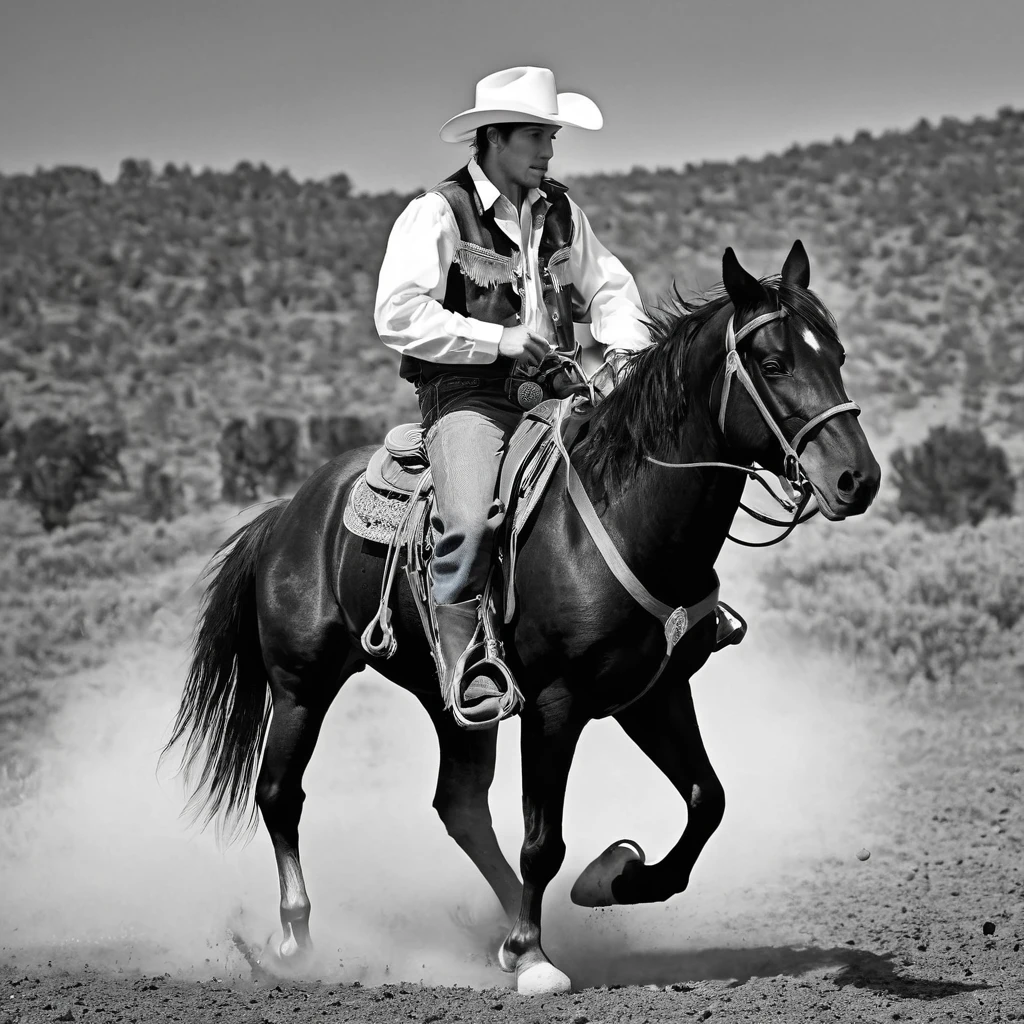 A cowboy riding a horse, black and white