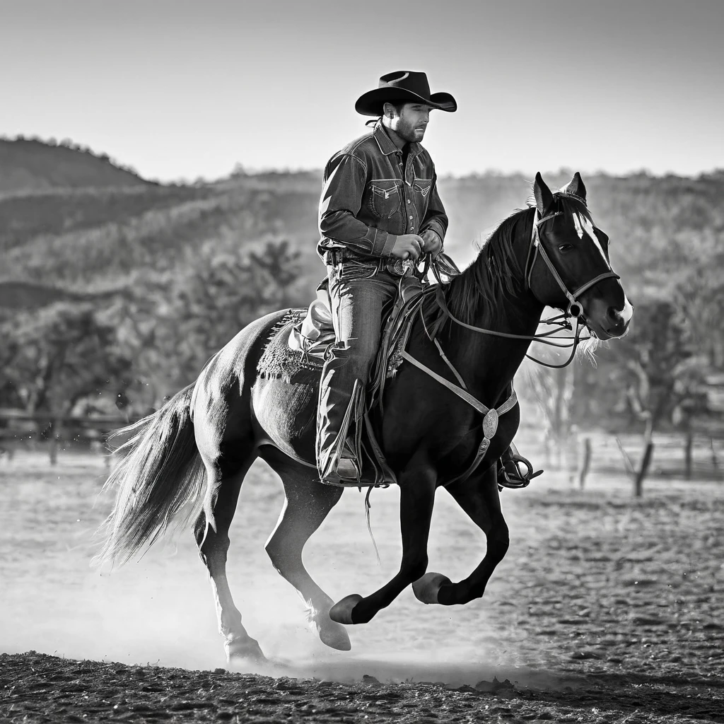 A cowboy riding a horse, black and white