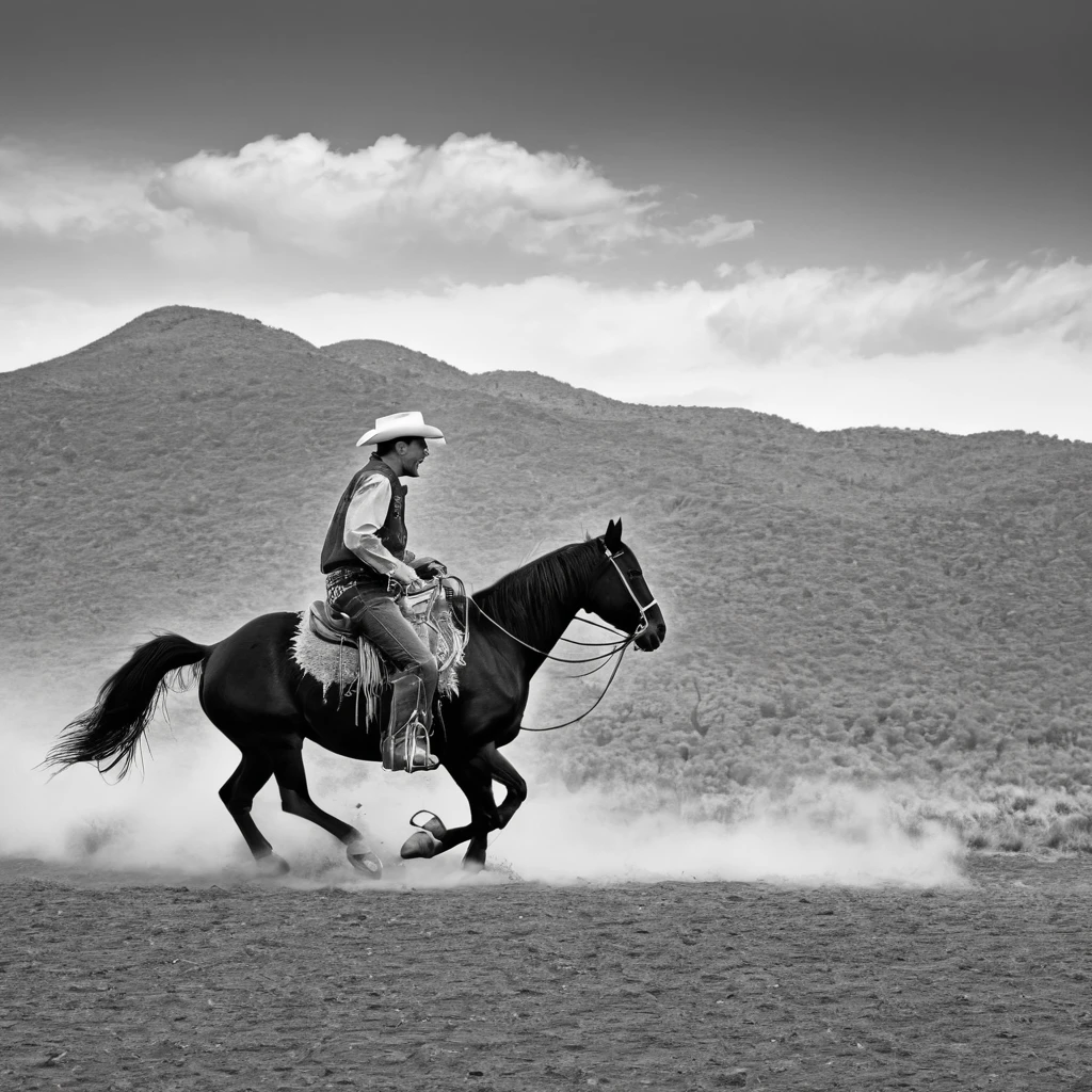 A cowboy riding a horse, black and white