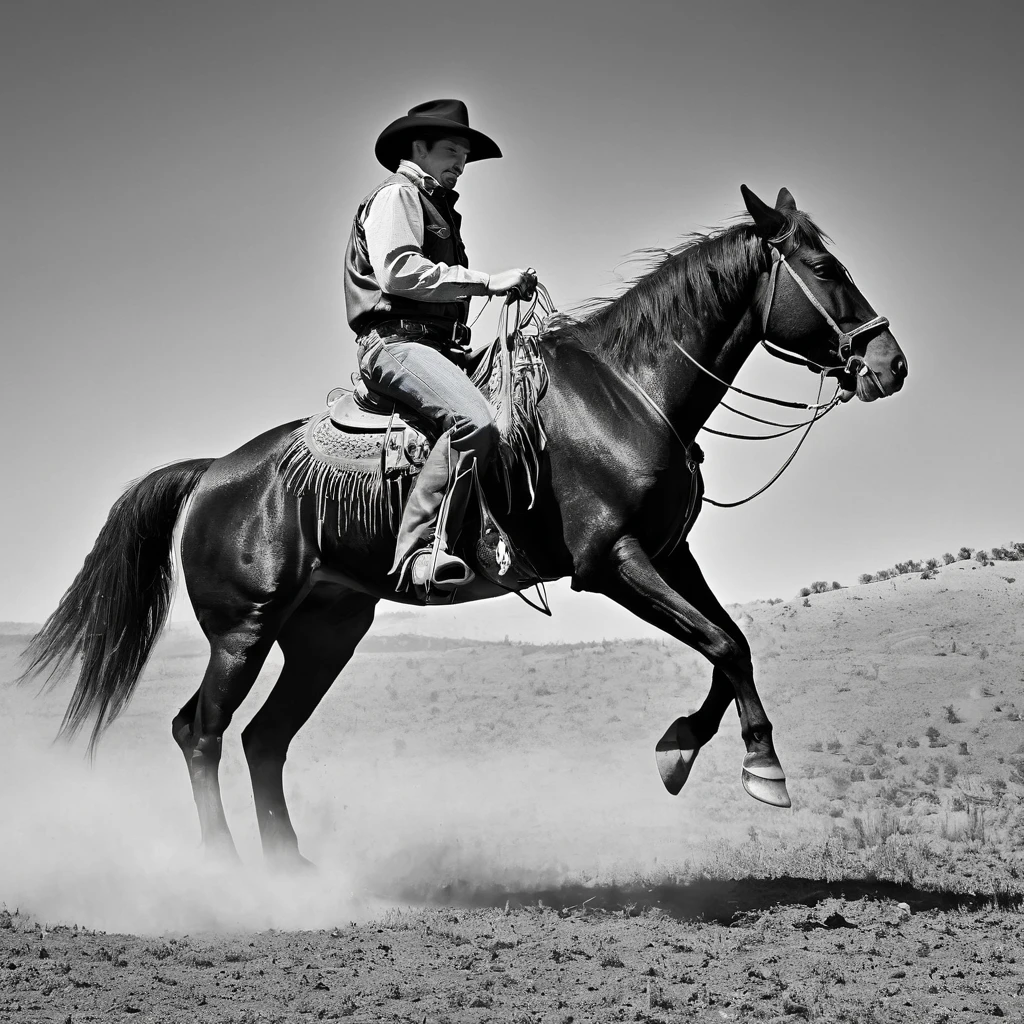 A cowboy riding a horse, black and white