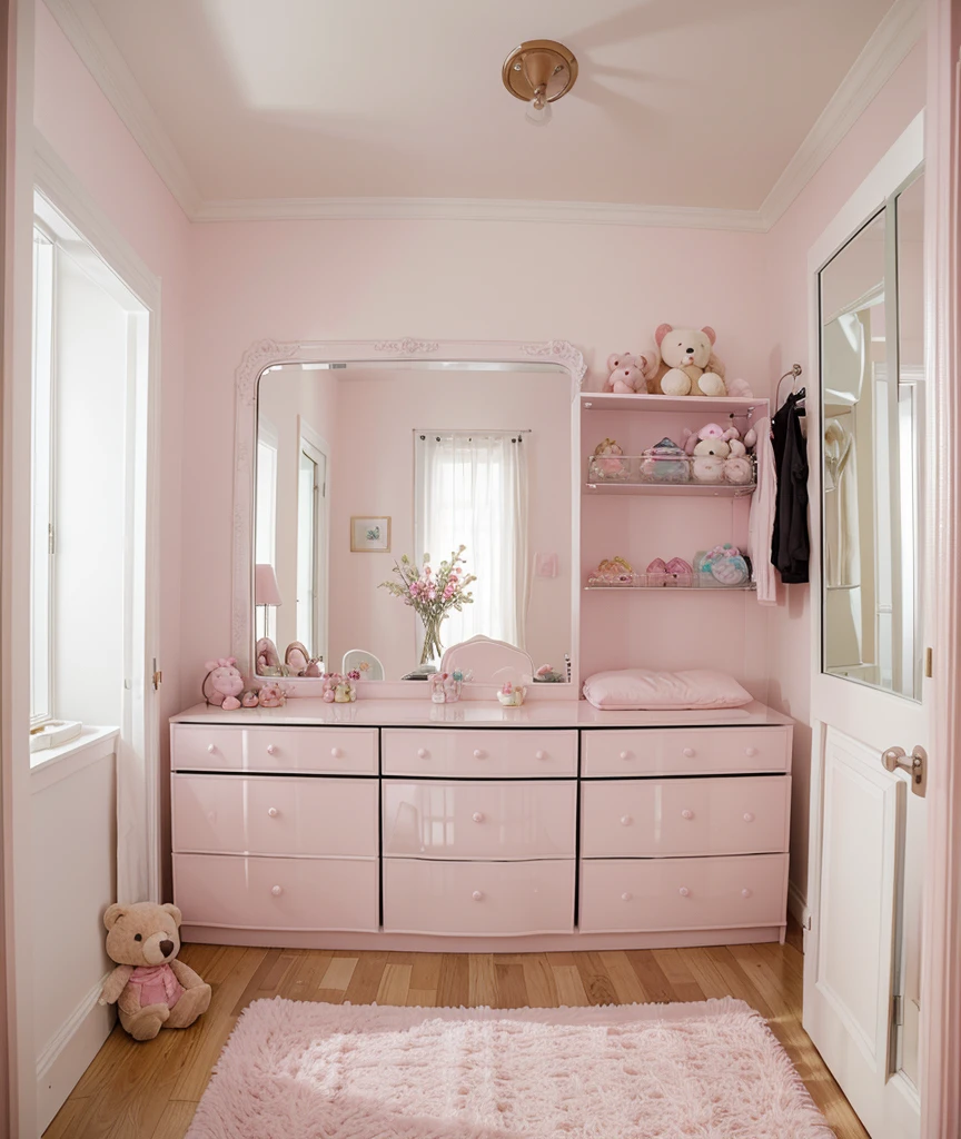 a room with a glass window a big soft pink bed with a teddy bear,un closet ,a white dresser and a television and a large mirror