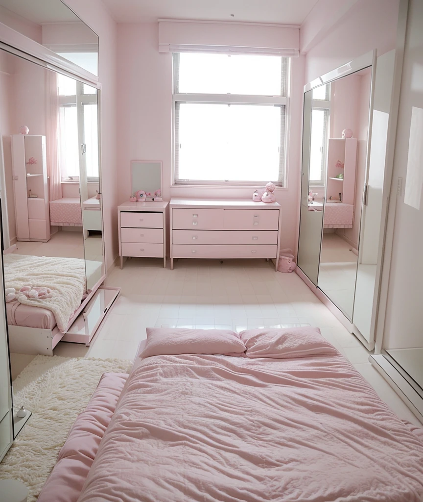 a room with a glass window a big soft pink bed with a teddy bear,un closet ,a white dresser and a television and a large mirror 