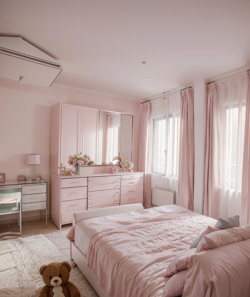 a room with a glass window a big soft pink bed with a teddy bear,un closet ,a white dresser and a television and a large mirror