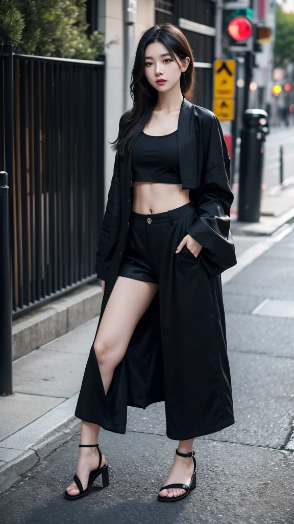 Japanese girl wearing a black robe jacket, wearing a crop top, trousers, wearing sandals, black hair details, has a slim stomach, photo on the sidewalk, 