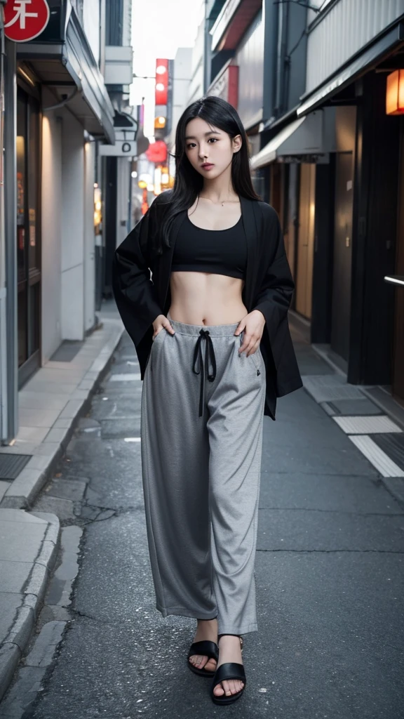 Japanese girl wearing a black robe jacket, wearing a crop top, trousers, wearing sandals, black hair details, has a slim stomach, photo on the sidewalk,